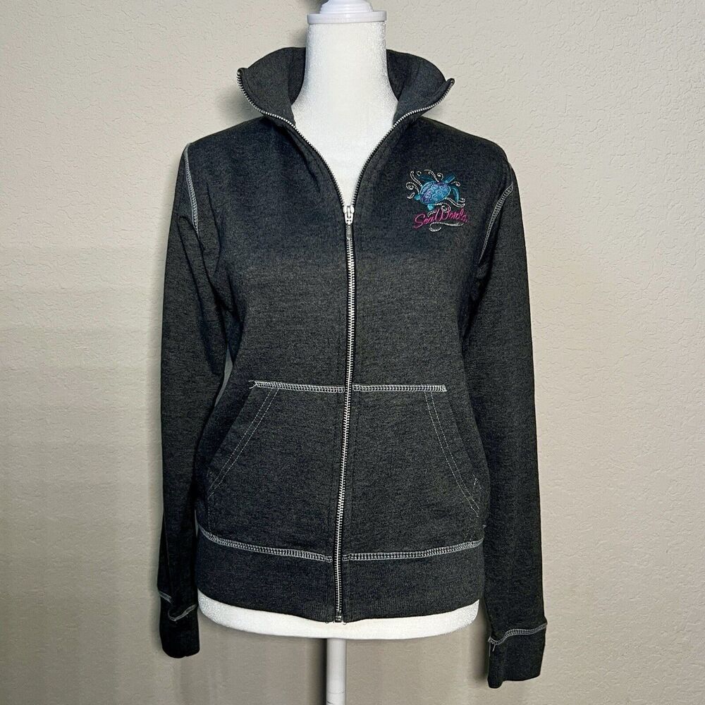 Sea World Jacket- Small Embroidered Turtle- Front Zip- Gray Comfort Cotton Blend